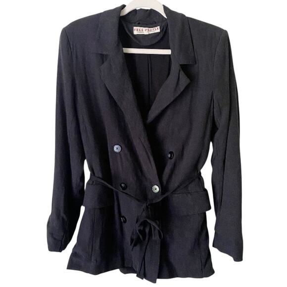 Free People | Linen Blend Belted Blazer Jacket Fall Dark Academia Black Small - Picture 1 of 6